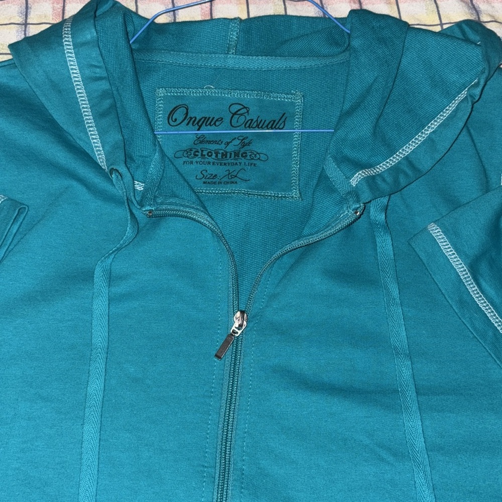 Onque Casuals Turquoise Knit Top with 2 embroidered front pockets and hood $19 - Picture 7 of 7